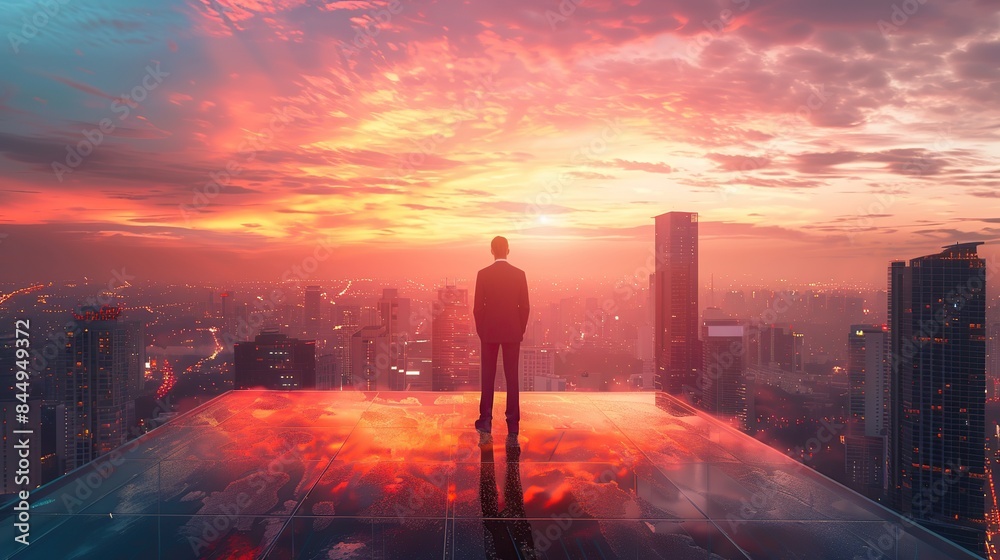 Silhouette of a Man on a Rooftop with a Cityscape at Sunset. AI Generative Silhouette of a Man on a Rooftop with a Cityscape at Sunset. AI Generative