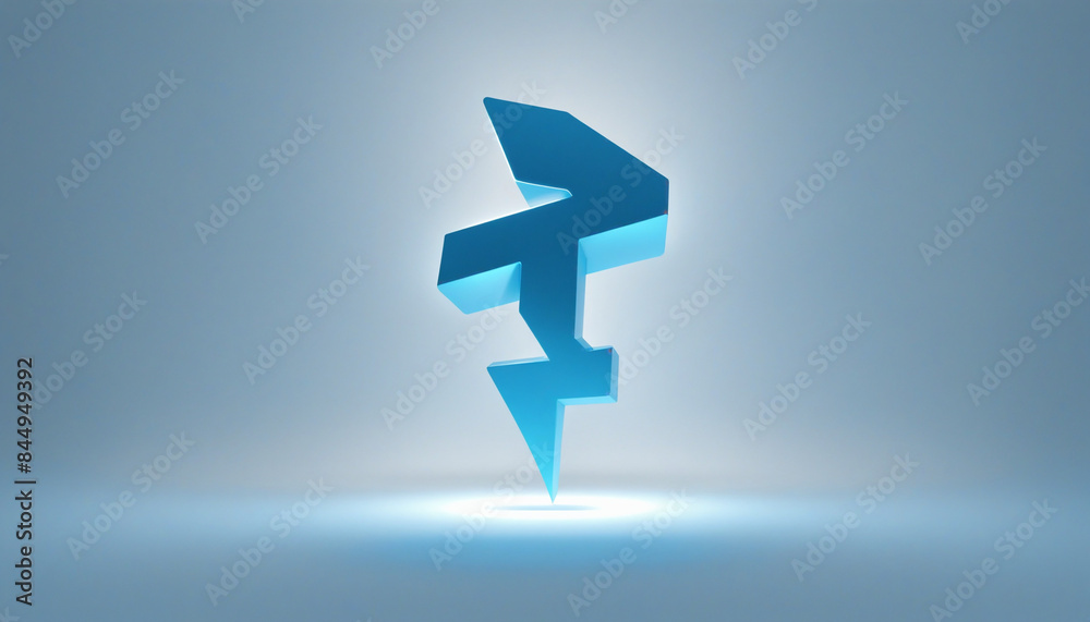 Three-dimensional abstract energy symbol glowing in the dark with minimalist geometric design and thunder sign in futuristic neon blue illumination