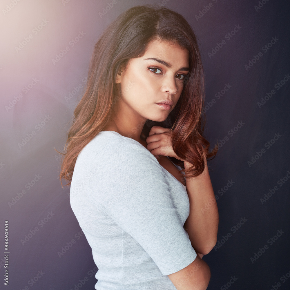 Woman, hair and portrait on studio background for cosmetics, hairstyle and healthy growth or textures. Female person, touch and confidence for haircare, keratin treatment and pride for dermatology Woman, hair and portrait on studio background for cosmetics, hairstyle and healthy growth or textures. Female person, touch and confidence for haircare, keratin treatment and pride for dermatology