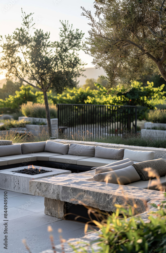 Obraz premium Outdoor lounge area with modern furniture and fireplace, surrounded by garden with tropical plants and trees