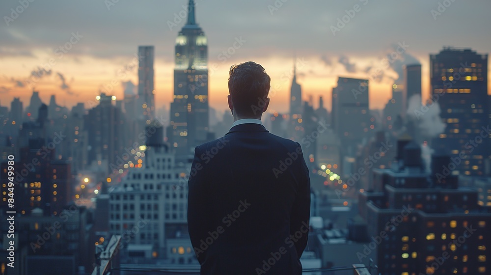 A Man Stands on a Rooftop, Looking at a City Skyline. AI Generative A Man Stands on a Rooftop, Looking at a City Skyline. AI Generative
