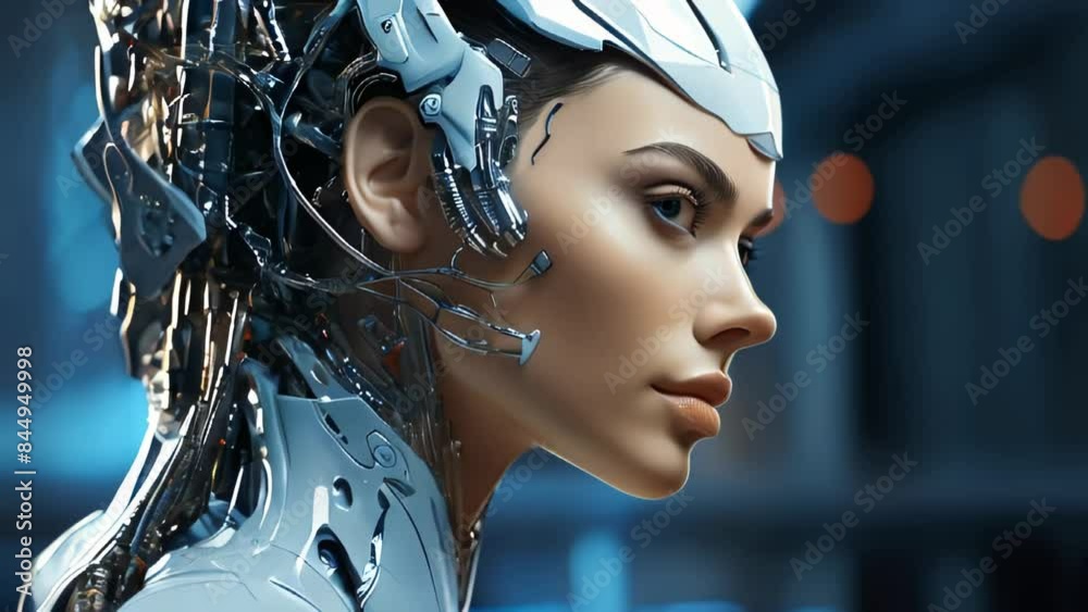 Robot and human face. Concept of artificial intelligence and cybersecurity Robot and human face. Concept of artificial intelligence and cybersecurity