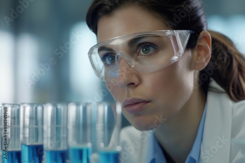 Young scientist is carefully looking at a rack of test tubes filled with blue liquid, her face illuminated by the light of the lab