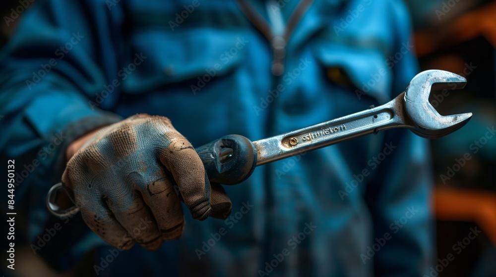 A mechanics hand holds a wrench A mechanics hand holds a wrench