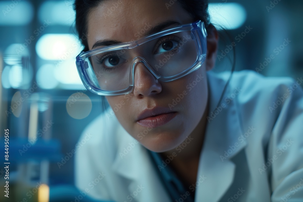 Young scientist is concentrating on her research, working with test tubes and laboratory glassware in a modern research facility Young scientist is concentrating on her research, working with test tubes and laboratory glassware in a modern research facility