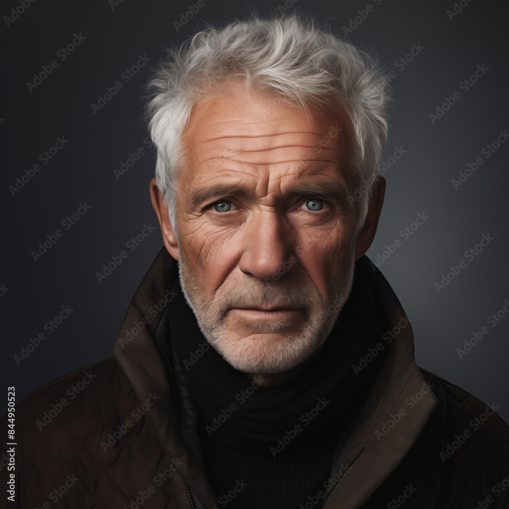 A man with a beard and gray hair is wearing a black coat and scarf. He has a serious expression on his face A man with a beard and gray hair is wearing a black coat and scarf. He has a serious expression on his face