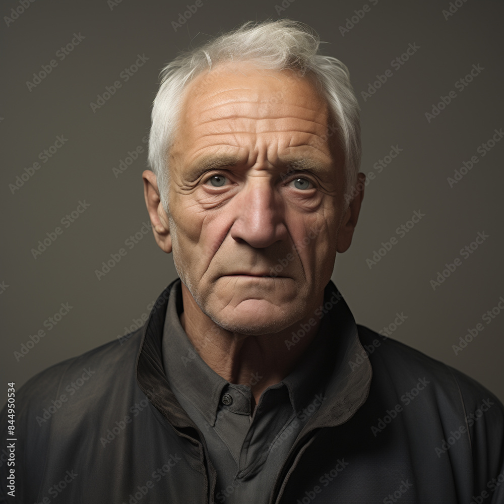 A man with a beard and gray hair is wearing a black jacket and a gray shirt. He has a serious expression on his face A man with a beard and gray hair is wearing a black jacket and a gray shirt. He has a serious expression on his face