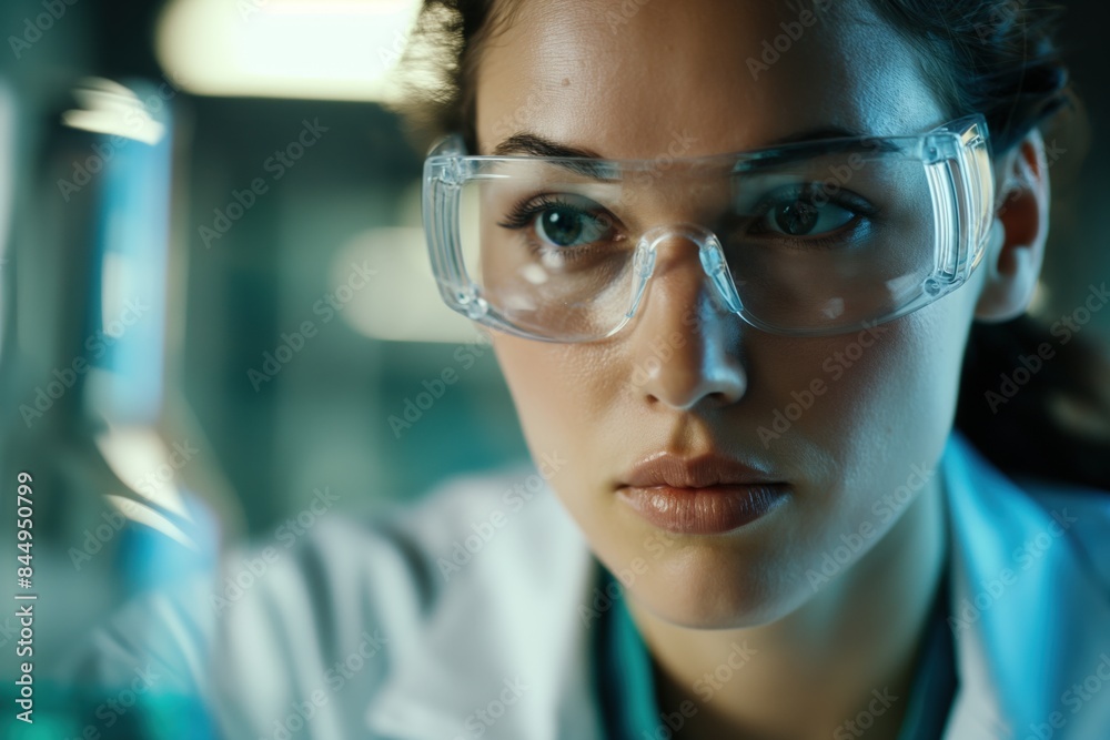 Female scientist in a modern lab analyzes a mysterious blue liquid, surrounded by advanced equipment, focusing on a crucial experiment in chemistry and biology Female scientist in a modern lab analyzes a mysterious blue liquid, surrounded by advanced equipment, focusing on a crucial experiment in chemistry and biology