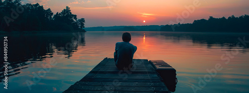 Photos A person sitting on a dock at sunset.