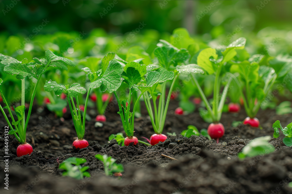 Radish plants growing in a garden, with bright red bulbs pushing through dark, moist soil under sunlight.. AI generated. Radish plants growing in a garden, with bright red bulbs pushing through dark, moist soil under sunlight.. AI generated.