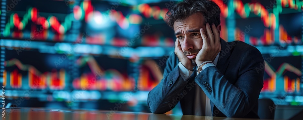 Stressed man with head in hands and charts Stressed man with head in hands and charts