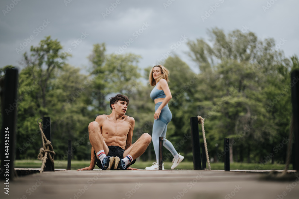 Active young man and woman working out on a wooden pier surrounded by nature. Strength training and fitness exercises in natural setting.