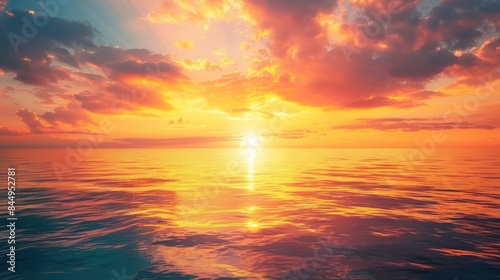 The sun over the ocean with a warm glow on the water landscape background © Leafart