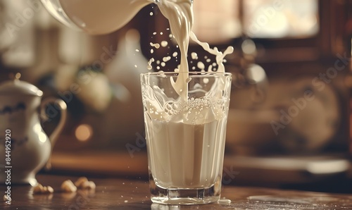 pure white milk being poured out of a glass into a white jug in a classical vintage environment photo