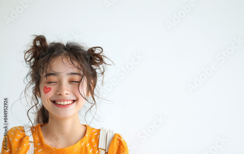 ハートのフェイスペイントをした笑顔のアジア人の少女 白背景 コピースペース
