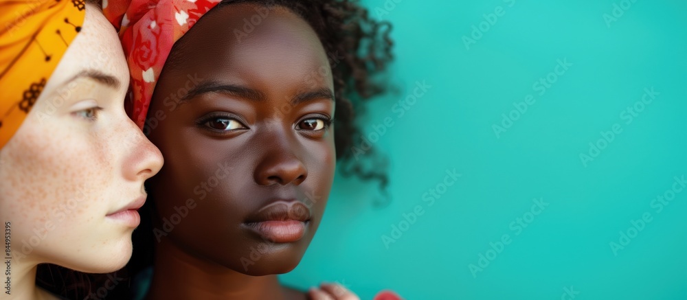 Fototapeta premium Close-up of two women with contrasting skin tones, wearing colorful headscarves against a turquoise background. Diversity and unity concept.