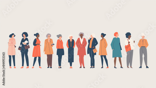 Illustration of diverse women in various outfits, standing in a row against a light background. © Ritthichai