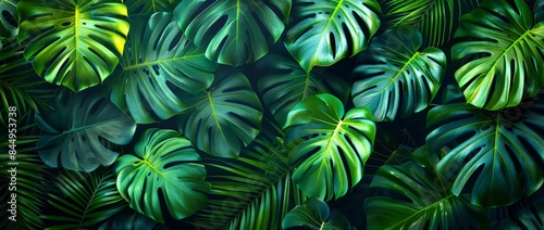 Wallpaper Mural Fresh exotic jungle background with palm fronds and monstera Torontodigital.ca