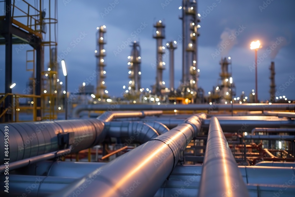 A close-up of pipelines carrying oil and gas at an illuminated refinery at dusk. A close-up of pipelines carrying oil and gas at an illuminated refinery at dusk.