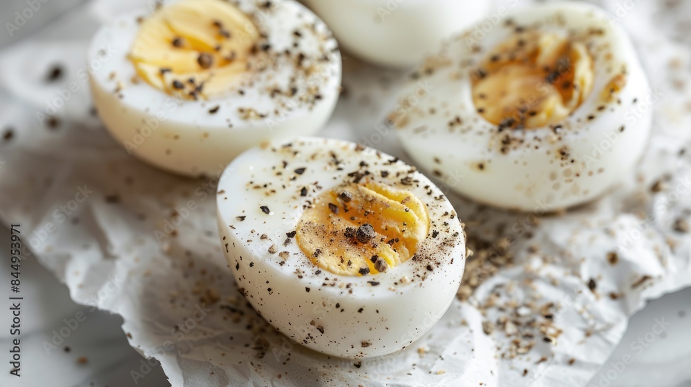Boiled eggs seasoned with black pepper and salt on white paper ready to eat Boiled eggs seasoned with black pepper and salt on white paper ready to eat