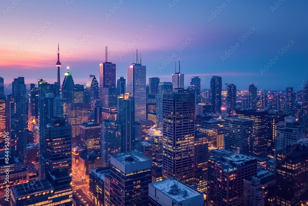 An aerial view of the Toronto skyline at sunset, with the CN Tower dominating the cityscape.