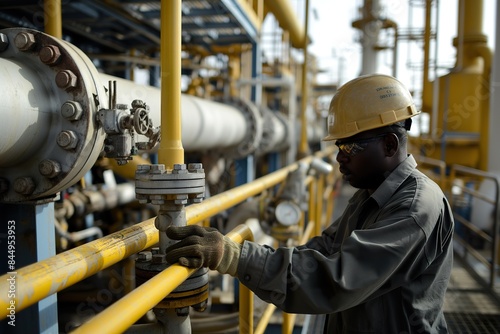 A worker in a hard hat and safety glasses inspects pipes in an oil refinery.