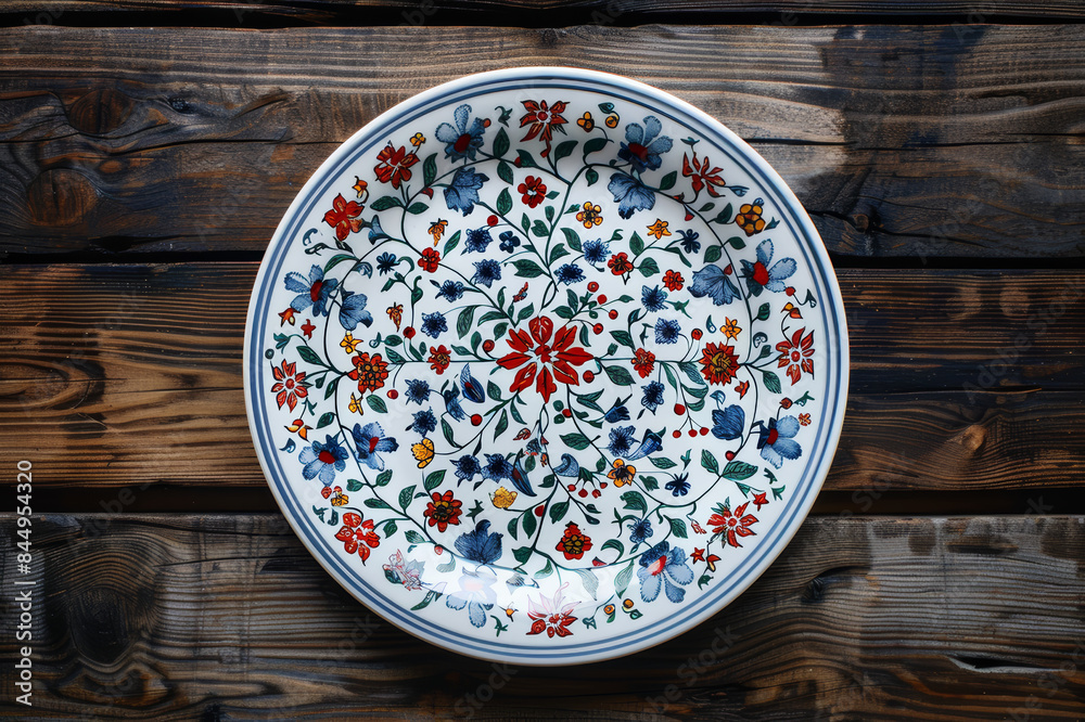 A beautifully decorated ceramic plate with intricate floral patterns and a glossy finish, set on a rustic wooden table.. AI generated. A beautifully decorated ceramic plate with intricate floral patterns and a glossy finish, set on a rustic wooden table.. AI generated.
