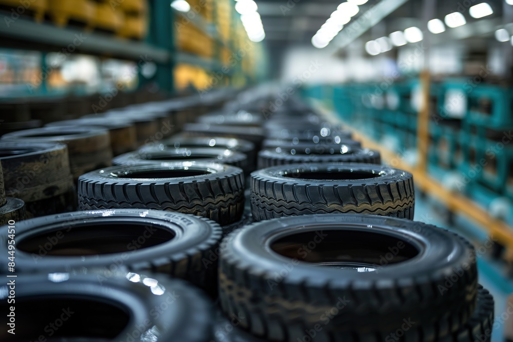 Close-up of rows of tires made from natural and synthetic rubber, in a manufacturing facility. Close-up of rows of tires made from natural and synthetic rubber, in a manufacturing facility.