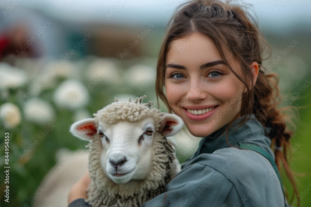Joyful woman with an endearing smile posing with a friendly sheep in a countryside setting Joyful woman with an endearing smile posing with a friendly sheep in a countryside setting