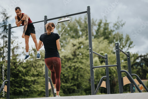 Two fitness enthusiasts engaged in an intense training session on metal bars amidst the lush greenery of an urban park, promoting health and activity. © qunica.com