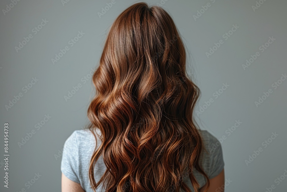 Rear view of a woman with beautifully styled wavy brown hair against a neutral background Rear view of a woman with beautifully styled wavy brown hair against a neutral background