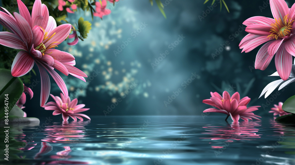 Obraz premium The background is springtime, with flowers over the water.