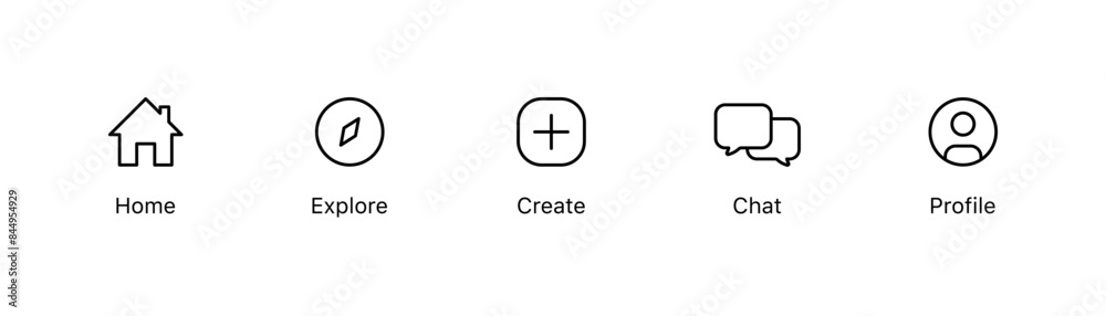 Address, home icon. Explore compass icon. Create new icon. Message chat speech bubble icon. User profile avatar icon - Web icons set. Editable stroke, outline Address, home icon. Explore compass icon. Create new icon. Message chat speech bubble icon. User profile avatar icon - Web icons set. Editable stroke, outline