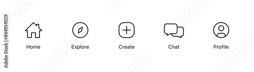 Address, home icon. Explore compass icon. Create new icon. Message chat speech bubble icon. User profile avatar icon - Web icons set. Editable stroke, outline