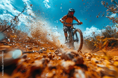 Dynamic action shot of a mountain biker riding through a cloud of dust on a trail, showing speed and motion