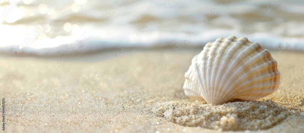 Close-up of a white seashell on sandy beach with space for text Close-up of a white seashell on sandy beach with space for text