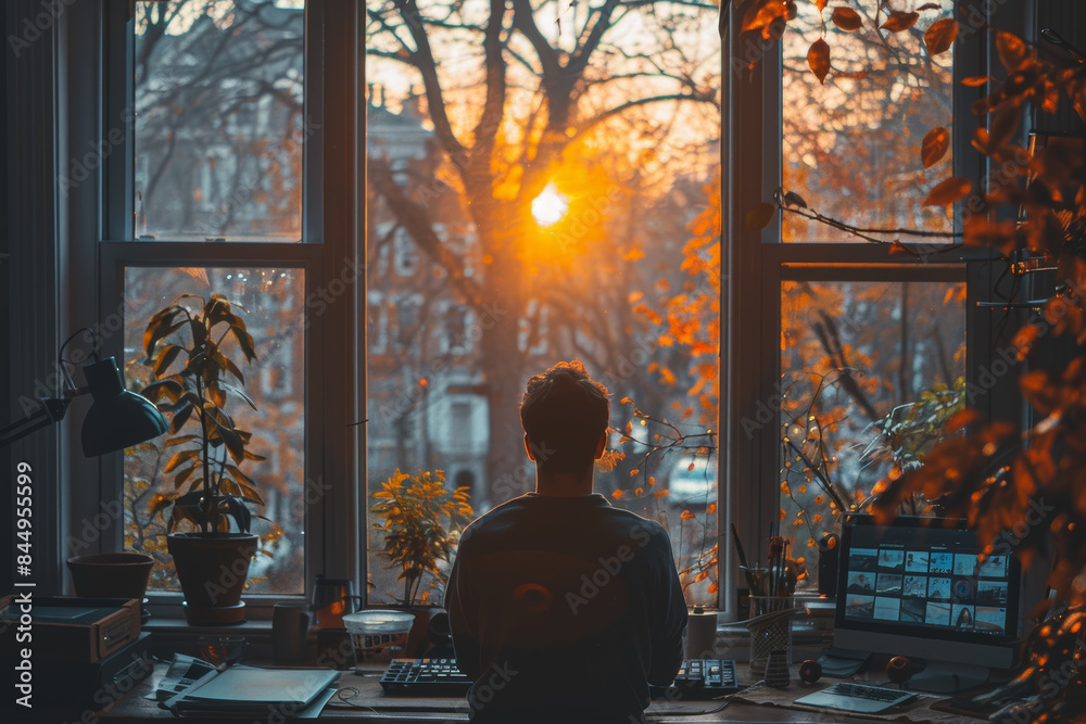 A Gen X employee working remotely from a home office, demonstrating work-life balance. Concept of telecommuting and modern work trends. Generative Ai. A Gen X employee working remotely from a home office, demonstrating work-life balance. Concept of telecommuting and modern work trends. Generative Ai.