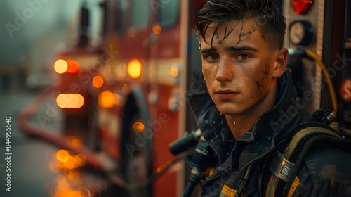 Portrait of a Tired Young Firefighter Standing near a Fire Truck  photo