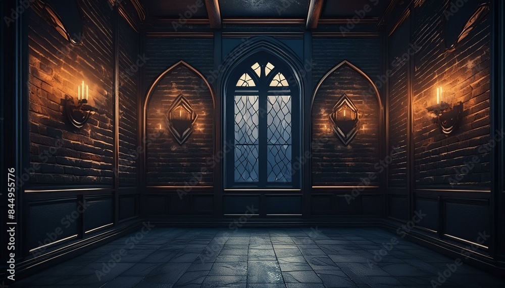 Fototapeta premium black bad room and the windows on the brick wall