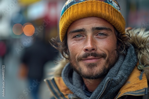 A close-up of a man with striking blue eyes and a rugged beanie hat evokes a sense of adventure and the outdoors