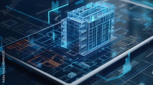 Futuristic Architectural Design Visualization on Tablet Screen Showcasing Holographic Building Plans
