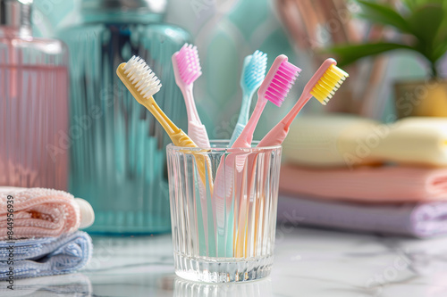 A close-up shot of a clear glass cup holding colorful toothbrushes with soft bristles in a bathroom setting.. AI generated.