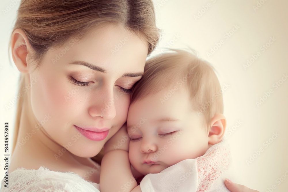 Mother cradles her sleeping baby girl with love and happiness, creating a serene and cozy moment at home Mother cradles her sleeping baby girl with love and happiness, creating a serene and cozy moment at home