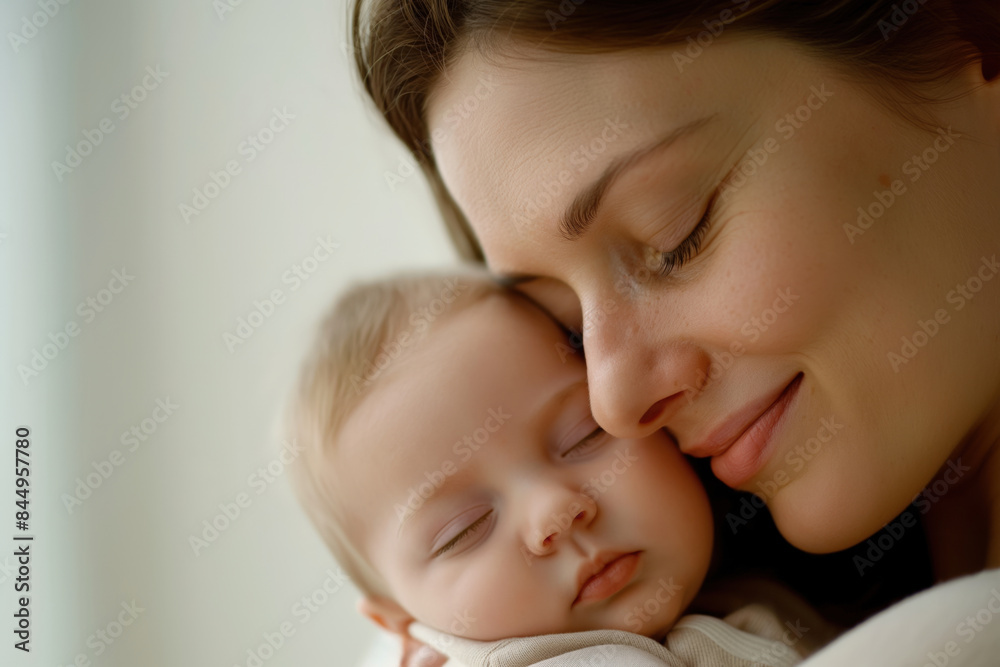 Young mother cherishes a quiet moment with her sleeping baby girl, radiating joy and tranquility in a cozy home Young mother cherishes a quiet moment with her sleeping baby girl, radiating joy and tranquility in a cozy home