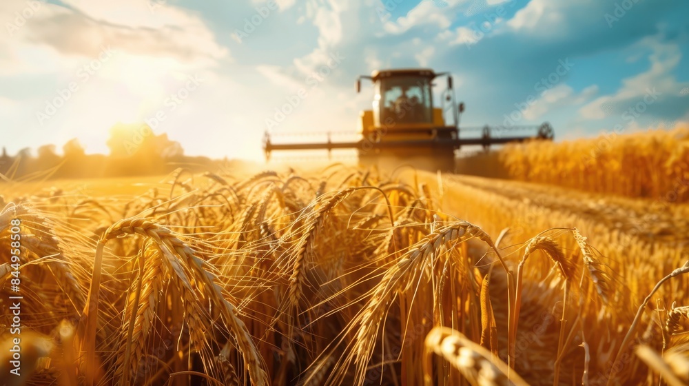 Fototapeta premium Supervision of crop harvesting by a farmer