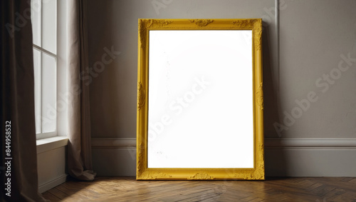 Empty poster frame on living room wall, white space for photo or text
