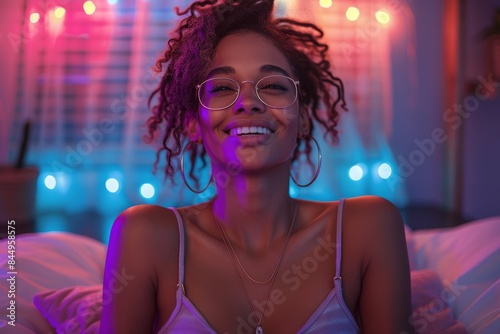 Relaxed African American woman with eyeglasses in a room with neon blue lighting