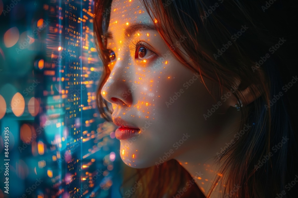 Mysterious close-up of a woman's eye with a reflection of advanced technological lights and circuits, Mysterious close-up of a woman's eye with a reflection of advanced technological lights and circuits,
