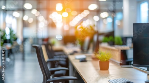 Wallpaper Mural Blurred photo of office room. business blank background. computer table on the table and office chair Torontodigital.ca