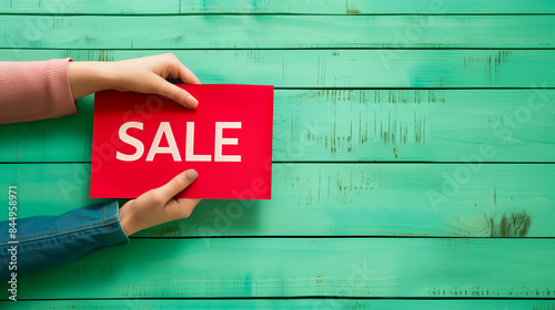 A hand holding a red paper with sale word for commercial use on a green wooden background photo